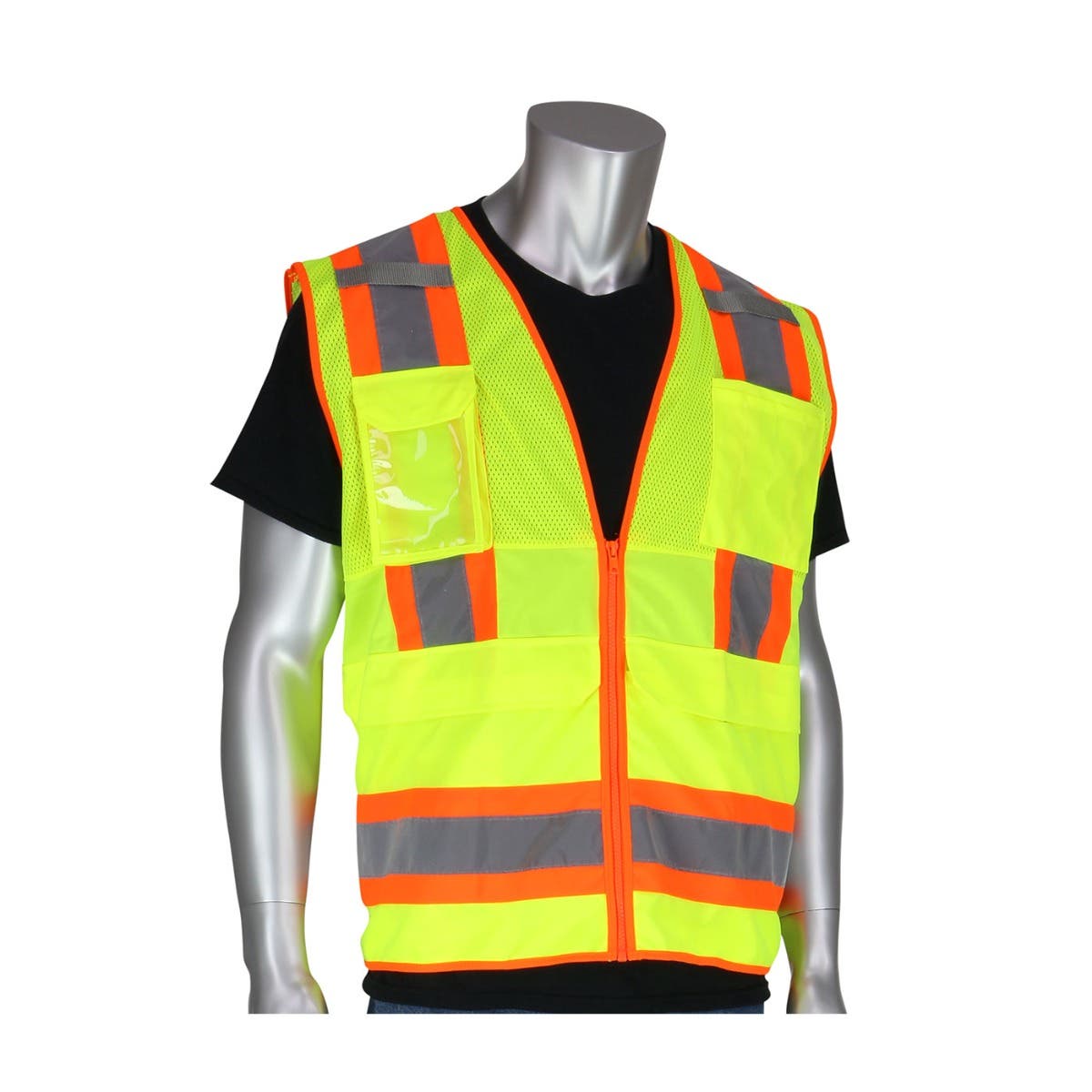PiP High Visibility Vest: ANSI Class 2, Surveyor's, Size X-Large - Yellow, Zipper Closure, 10 Pocket | Part #302-0700-LY/XL