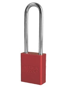 American Lock Lockout Padlock: Keyed Different, Aluminum, 3" High Steel Shackle, Red - 1/4" Shackle Dia, 1-51/64" Body Height, Conductive, 5 Pins