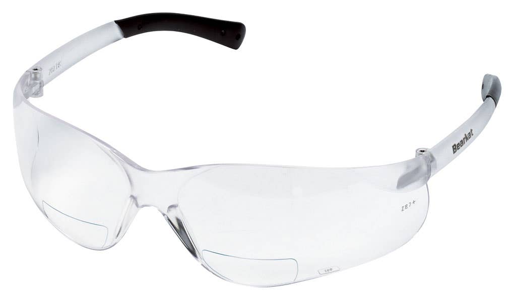 MCR Safety | BearKat® Magnifying Safety Glasses: 1.50, Clear Lenses, Scratch-Resistant, ANSI Z87.1+ - Clear Frames, Frameless, Bayonet Temple, UV