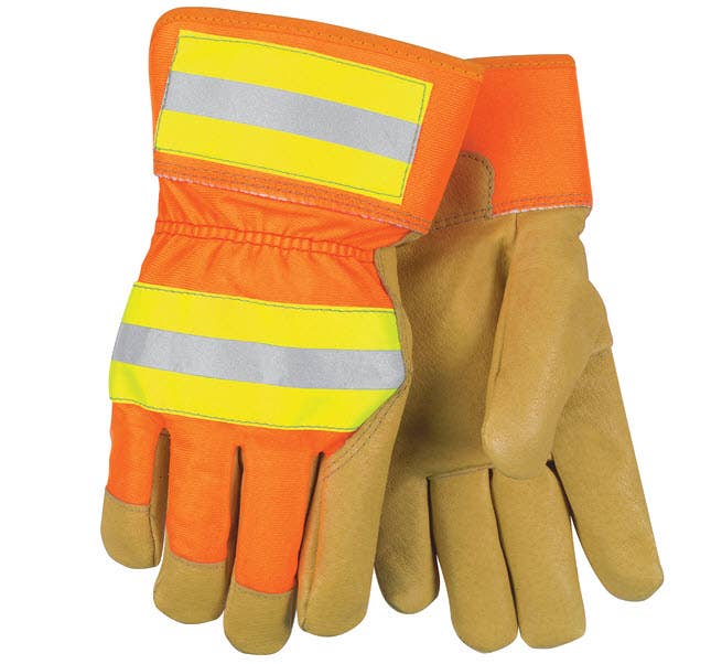Hi-Vis Cold Protection Gloves, Pigskin Palm, Safety Cuff, Gold, HiVis Orange and Yellow, 1 PR