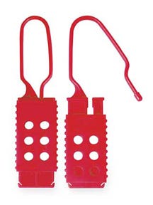 Lockout Hasp, Red, Nylon, 6 Max. No. of Padlocks, 5/16 in Max. Shackle Dia., 2 1/2 in Jaw Clearance