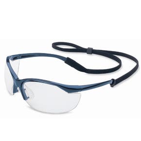 Uvex Safety Glasses: Scratch-Resistant, Polycarbonate, Clear Lenses, Full-Framed - Blue Frame, Non-Adjustable Temples, Series Vapor, ANSI Z87.1+