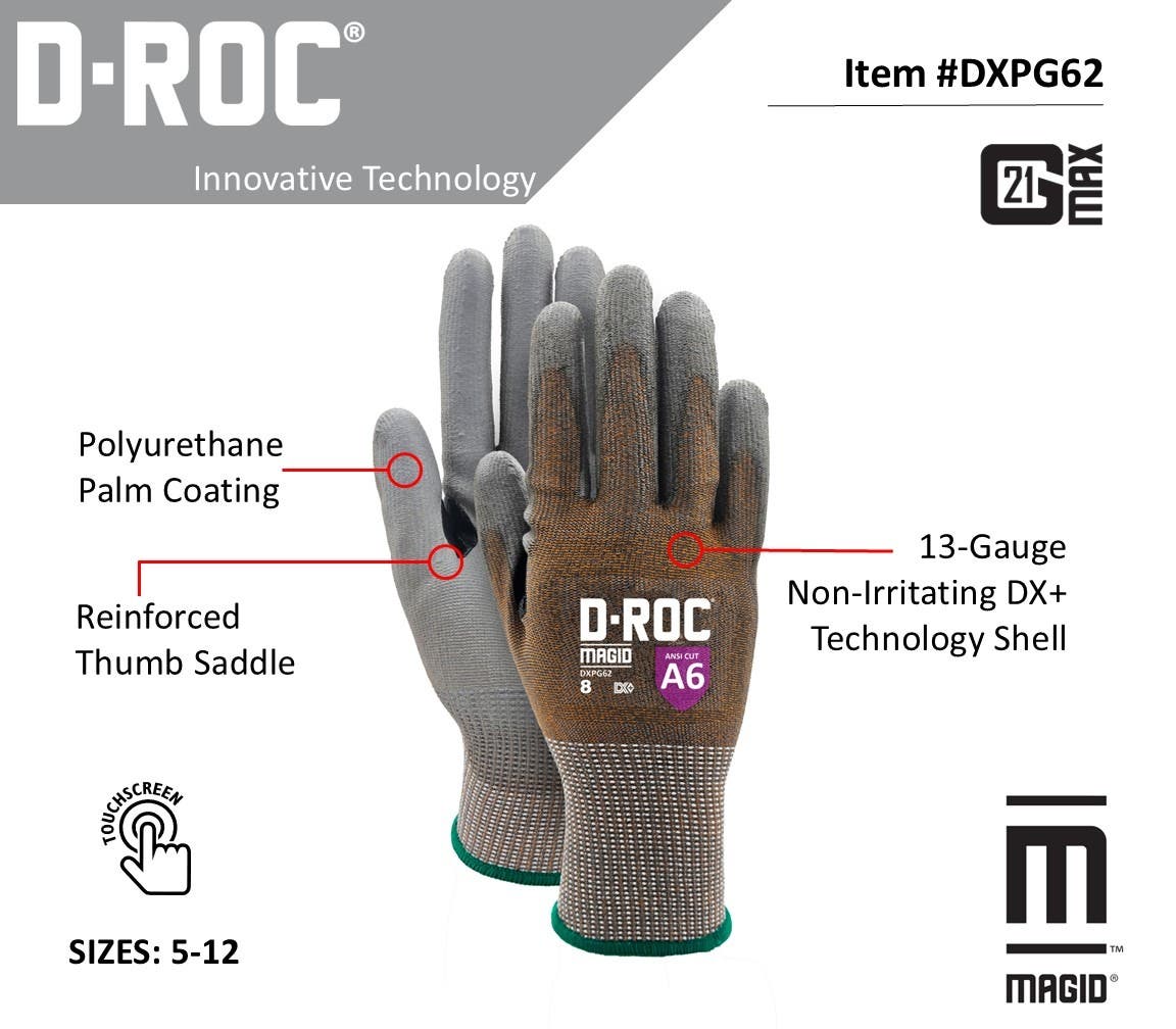 Magid D-ROC DXPG62 13-Gauge PU Coreless Glove, Cut A6