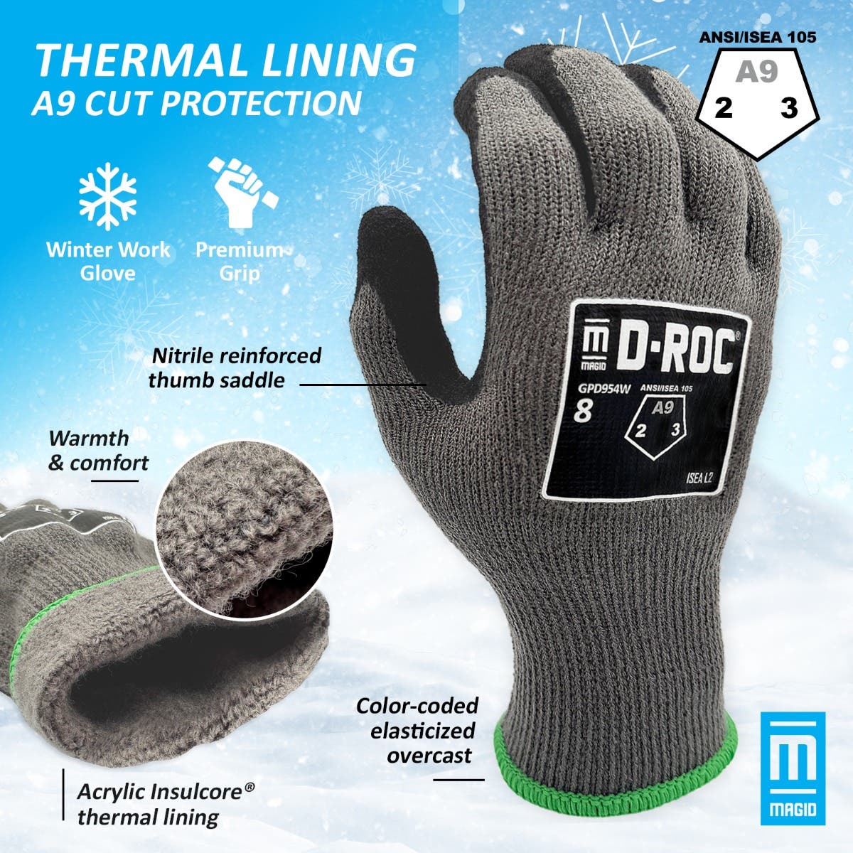 Magid D-ROC GPD954W Sandy Latex Winter Gloves, Cut A9
