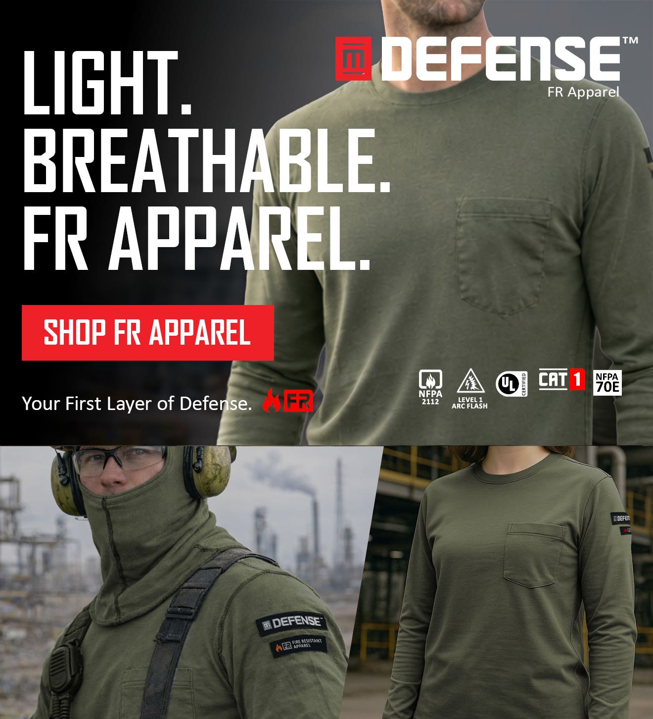 Lightweight breathable FR apparel by Magid Defense worn by industrial workers, featuring arc-rated CAT 1, NFPA 70E compliant flame-resistant shirt in refinery setting with “Shop FR Apparel” call-to-action