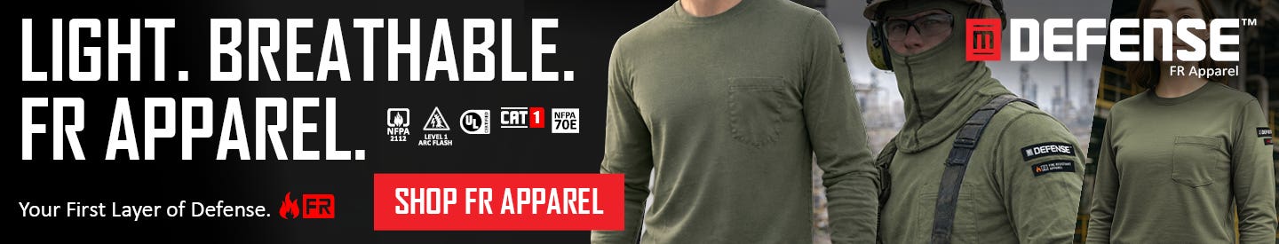 Lightweight breathable FR apparel by Magid Defense worn by industrial workers, featuring arc-rated CAT 1, NFPA 70E compliant flame-resistant shirt in refinery setting with “Shop FR Apparel” call-to-action