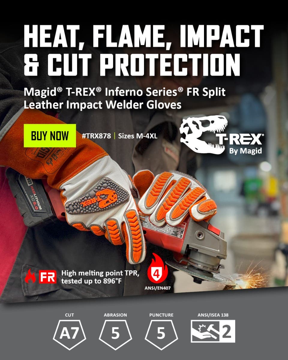 Ad for Magid® T-REX® Inferno Series® FR Split Leather Impact Level 2 Welder Gloves - TRX878
