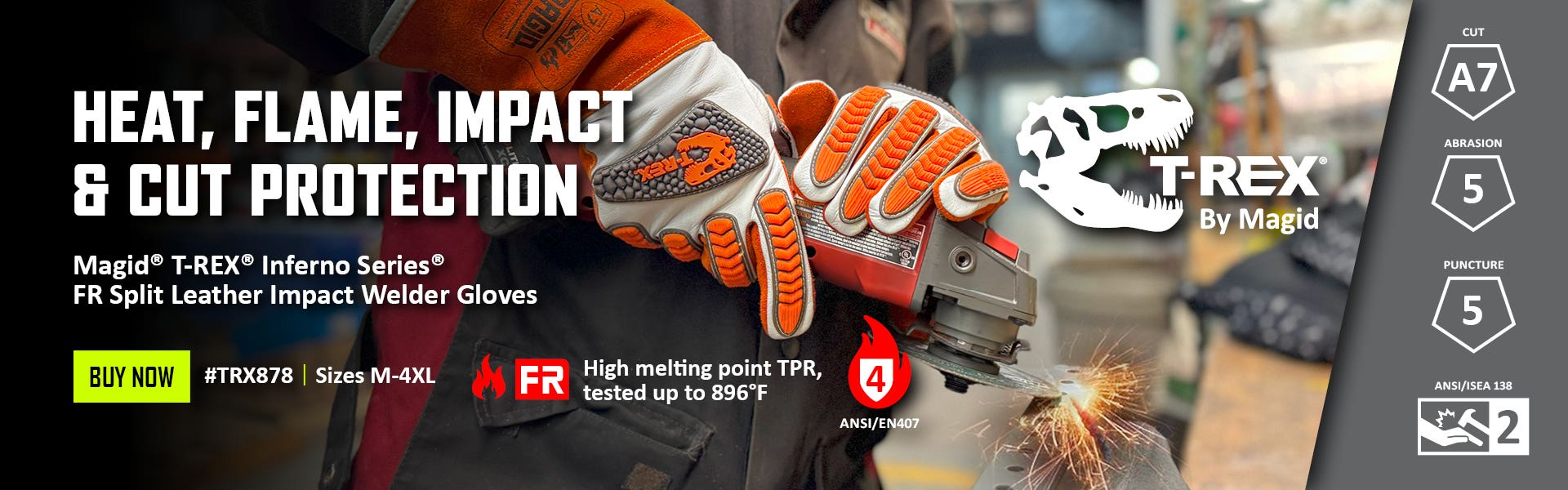 Ad for Magid® T-REX® Inferno Series® FR Split Leather Impact Level 2 Welder Gloves - TRX878