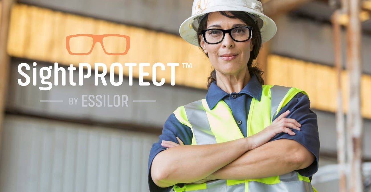 hero image of a woman on a job site wearing safety glasses with SightProtect&trade; by essilor logo super-imposed